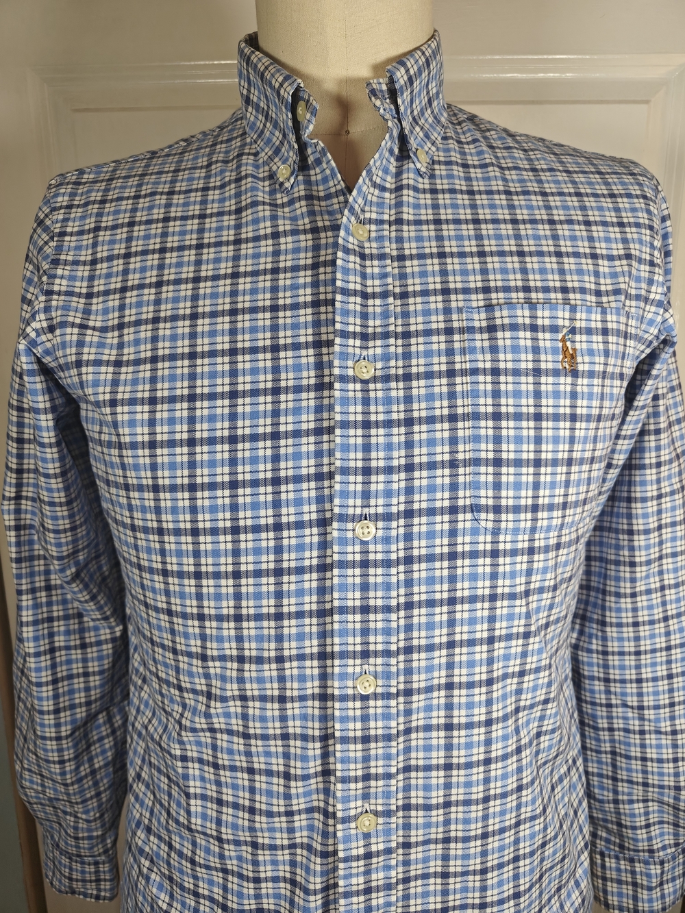 Polo Ralph Lauren Men Blue Tan Plaid Button-Down Shirt Medium